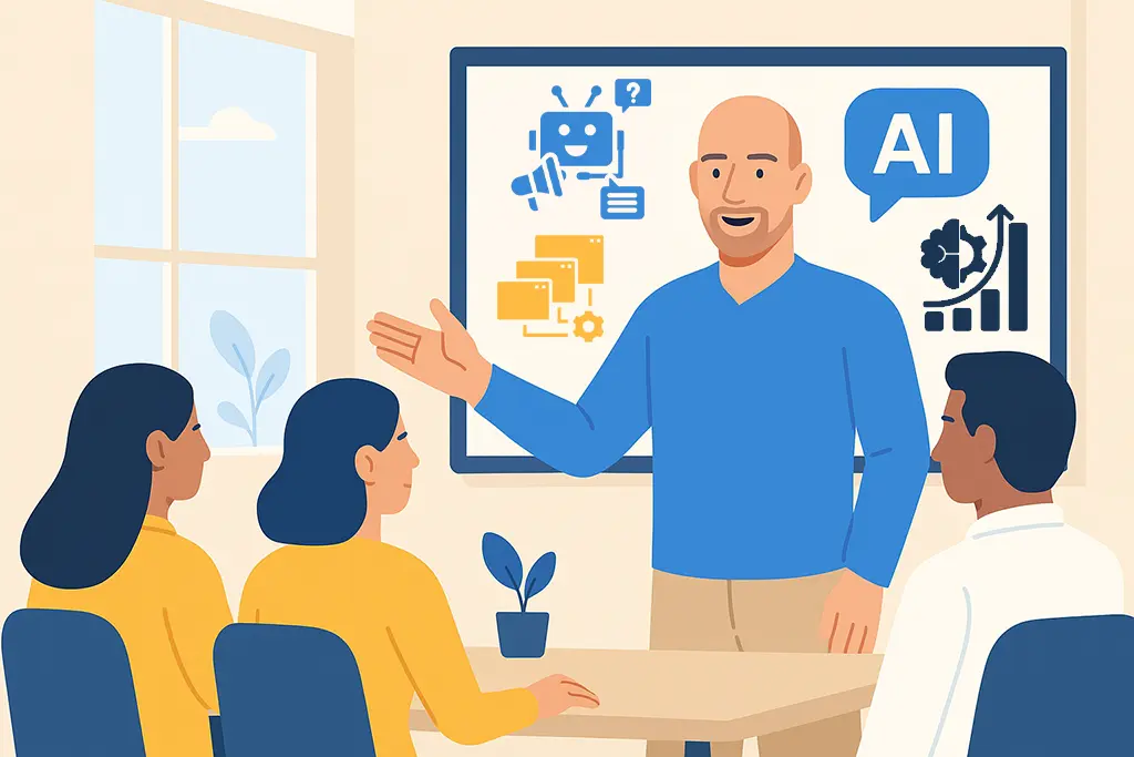 Illustration d’un formateur IA présentant des cas d’usage concrets à une équipe en entreprise, avec des icônes sur l’automatisation, l’analyse de données et la productivité.
