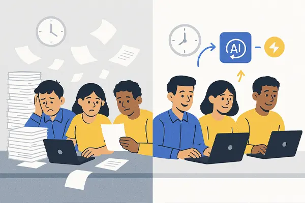Illustration avant / après : gain d’efficacité grâce à l’IA en entreprise
