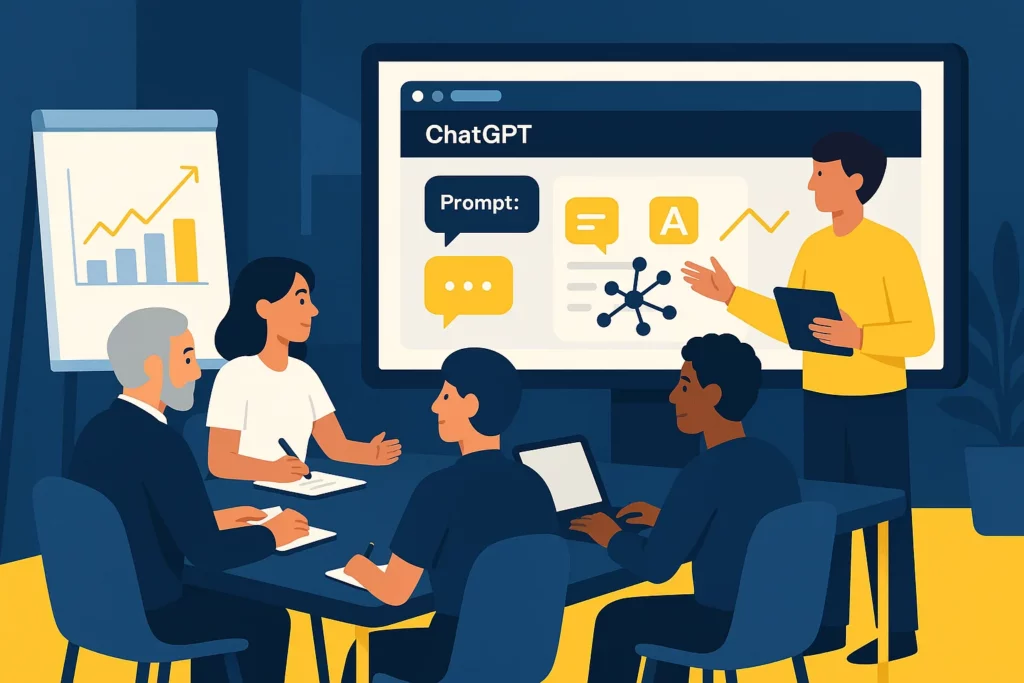 Formation IA en entreprise à Bruxelles sur le Prompt Engineering – illustration d’un formateur et d’une équipe