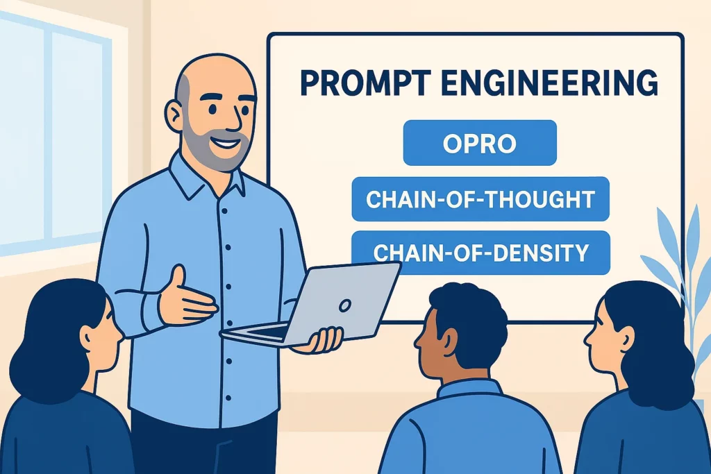 Formation IA Bruxelles : formateur explique OPRO, Chain-of-Thought et Chain-of-Density en atelier flat design